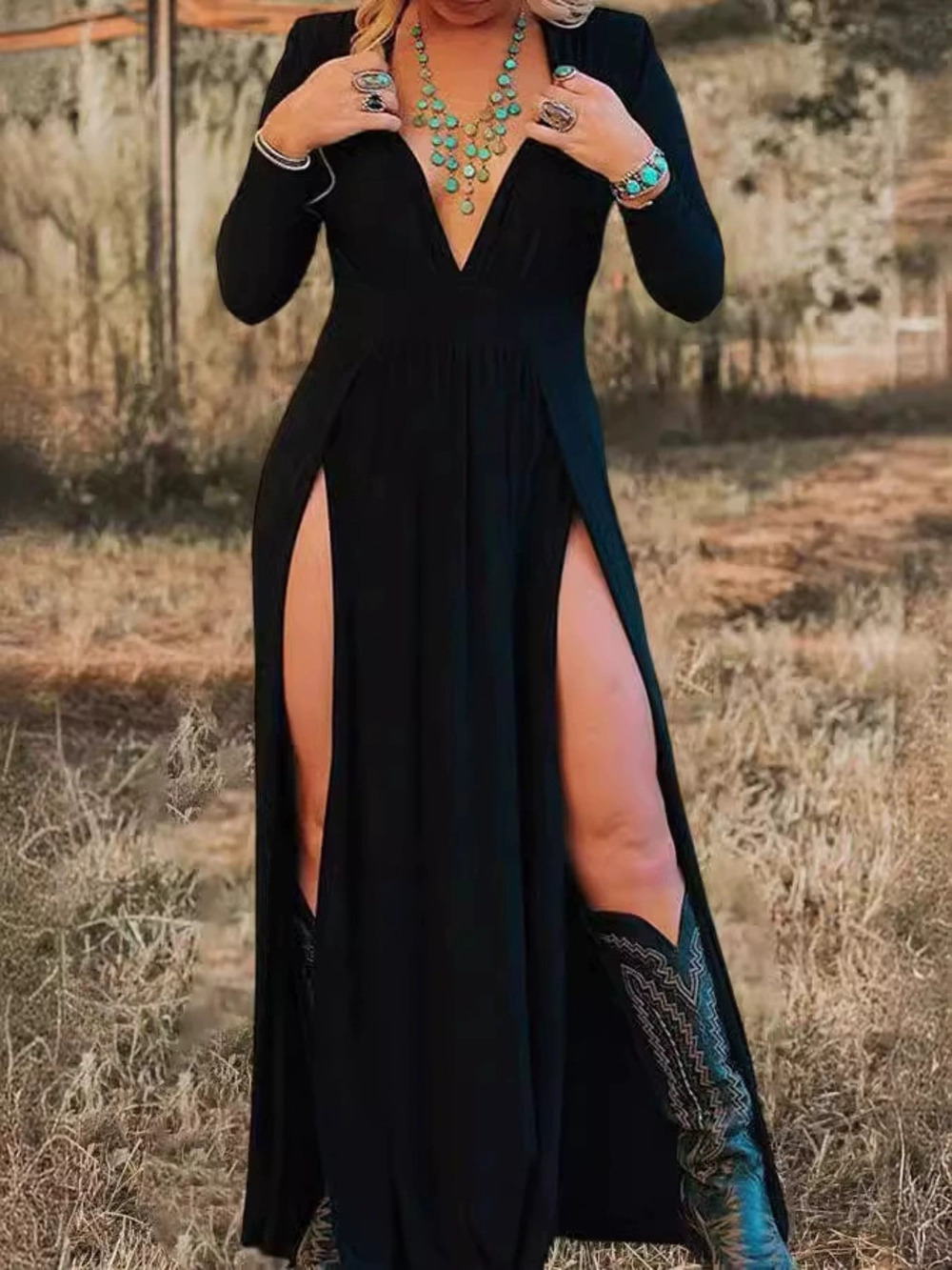 ZARA Long Sleeve Solid Color Cutout Maxi Dress